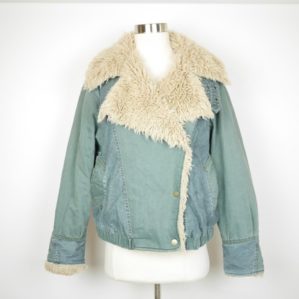 FREE PEOPLE Women's M - Green canvas denim high pile fleece trimmed jacket coat